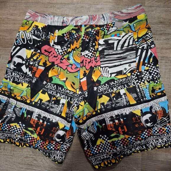 Robert Graham Mens 40 Graffiti Print Swim Trunks Lined Pockets Multi-Colored - Picture 2 of 6